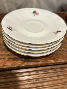 White Porcelain Saucer Set with Pink Rose Accent and Gold Trim